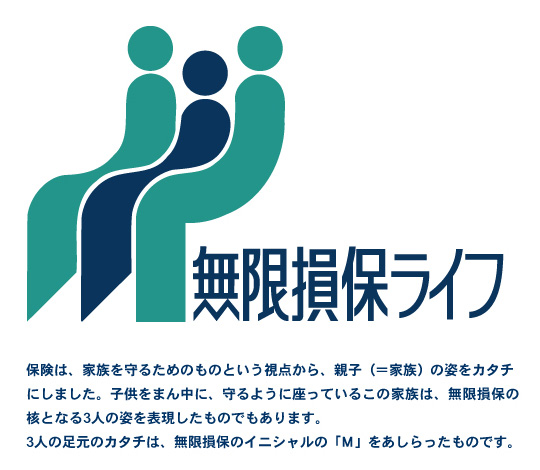 無限損保ライフ 3人の足元のカタチは、無限損保のイニシャルの「M」をあしらったものです。